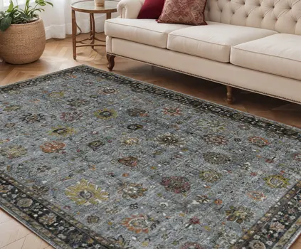 5' X 8' Black Gray And Brown Floral Medallion Area Rug