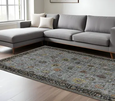 10' X 14' Black Gray And Brown Floral Medallion Area Rug