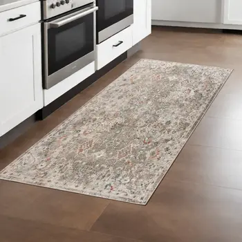 8' Gray Ivory And Brown Medallion Runner Rug