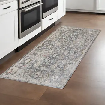 8' Dark Gray Ivory And Brown Medallion Runner Rug