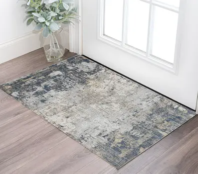 2' X 3' Beige Dark Blue And Gray Abstract Area Rug