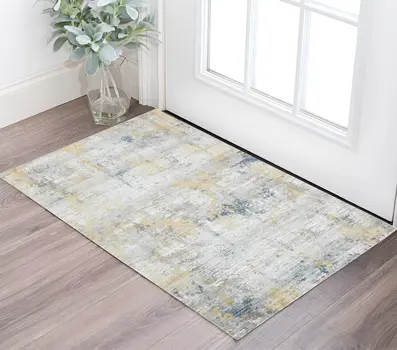2' X 3' Gold Ivory And Blue Abstract Area Rug