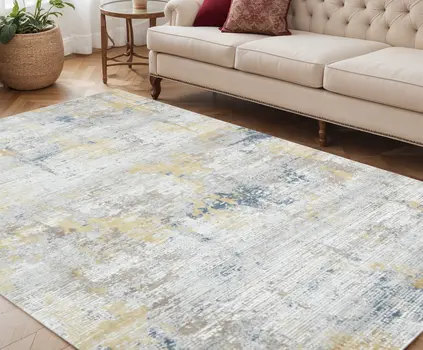 5' X 8' Gold Ivory And Blue Abstract Area Rug