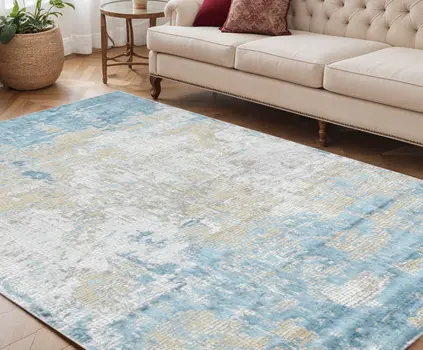 5' X 8' Gold Sky Blue And Ivory Abstract Area Rug