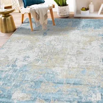 8' X 10' Gold Sky Blue And Ivory Abstract Area Rug