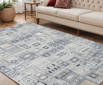 5' X 8' Ivory Black And Gold Ikat Area Rug