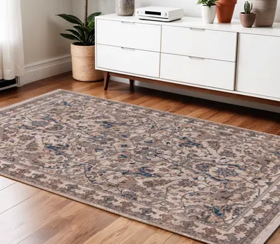 4' X 5' Tan And Blue Oriental Area Rug With Fringe