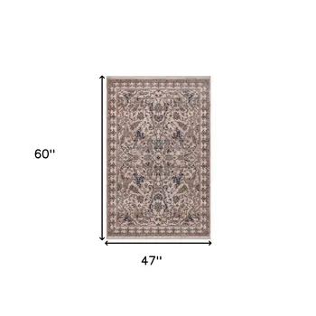 4' X 5' Tan And Blue Oriental Area Rug With Fringe