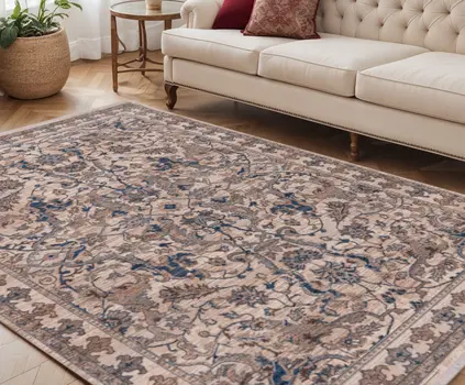 5' X 8' Tan And Blue Oriental Area Rug With Fringe