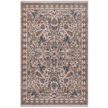 7' X 10' Tan And Blue Oriental Area Rug With Fringe