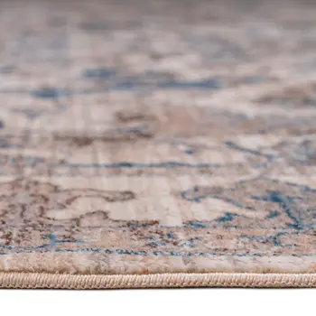 7' X 10' Tan And Blue Oriental Area Rug With Fringe