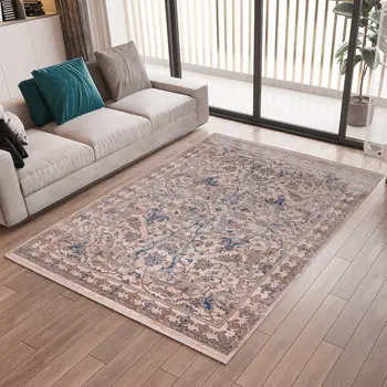 7' X 10' Tan And Blue Oriental Area Rug With Fringe