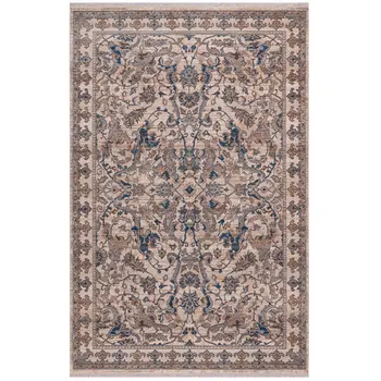 7' X 10' Tan And Blue Oriental Area Rug With Fringe