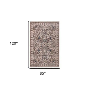 7' X 10' Tan And Blue Oriental Area Rug With Fringe
