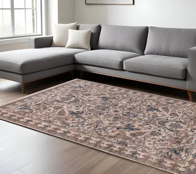 9' X 13' Tan And Blue Oriental Area Rug With Fringe