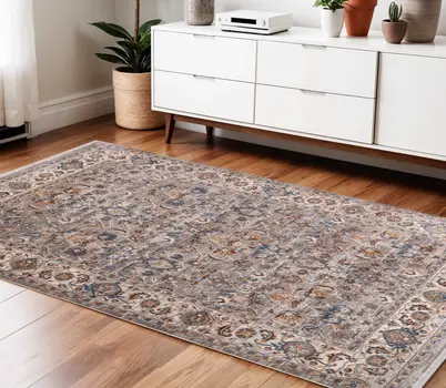4' X 5' Gray Tan And Beige Oriental Area Rug With Fringe
