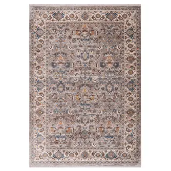 4' X 5' Gray Tan And Beige Oriental Area Rug With Fringe