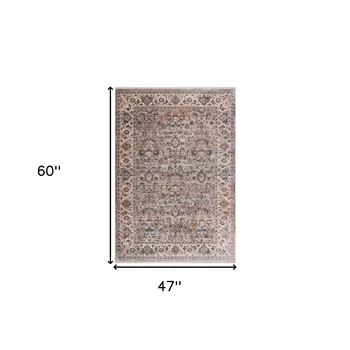 4' X 5' Gray Tan And Beige Oriental Area Rug With Fringe