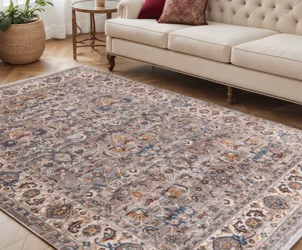 5' X 8' Gray Tan And Beige Oriental Area Rug With Fringe