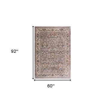 5' X 8' Gray Tan And Beige Oriental Area Rug With Fringe