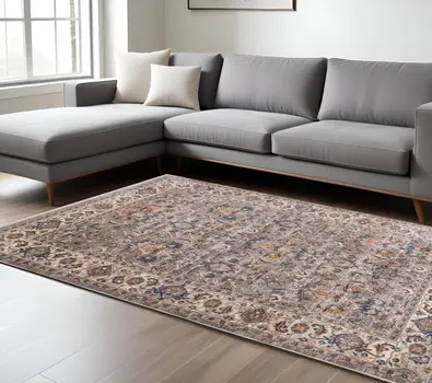 7' X 10' Gray Tan And Beige Oriental Area Rug With Fringe