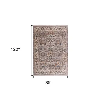 7' X 10' Gray Tan And Beige Oriental Area Rug With Fringe