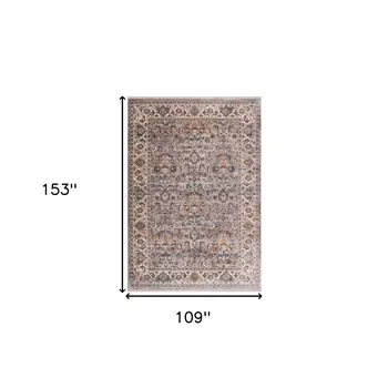 9' X 13' Gray Tan And Beige Oriental Area Rug With Fringe