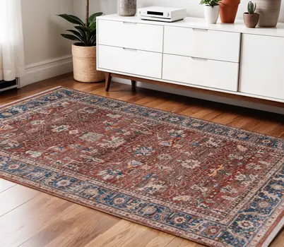 4' X 5' Red Beige And Blue Oriental Area Rug With Fringe