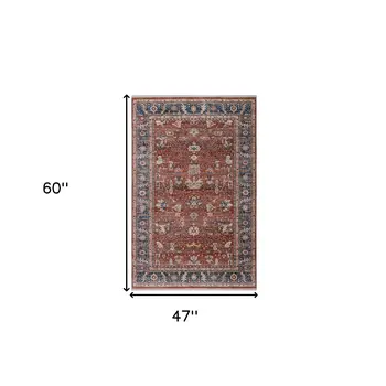 4' X 5' Red Beige And Blue Oriental Area Rug With Fringe