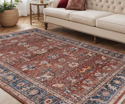 5' X 8' Red Beige And Blue Oriental Area Rug With Fringe