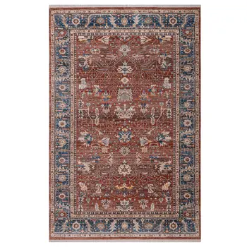5' X 8' Red Beige And Blue Oriental Area Rug With Fringe