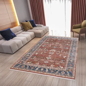 5' X 8' Red Beige And Blue Oriental Area Rug With Fringe