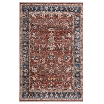 5' X 8' Red Beige And Blue Oriental Area Rug With Fringe