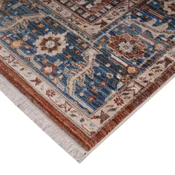7' X 10' Red Beige And Blue Oriental Area Rug With Fringe