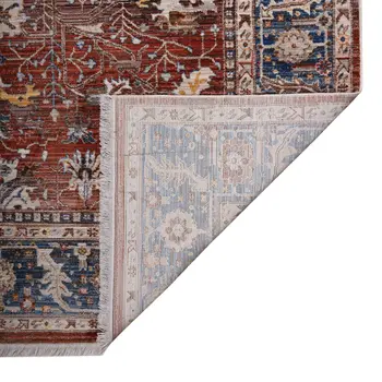 7' X 10' Red Beige And Blue Oriental Area Rug With Fringe