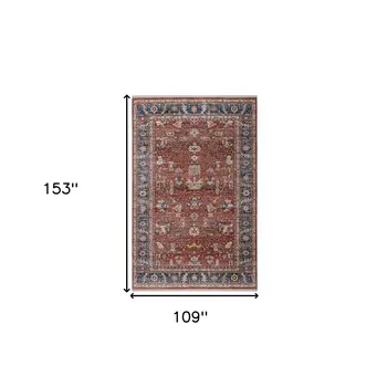 9' X 13' Red Beige And Blue Oriental Area Rug With Fringe