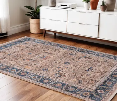 4' X 5' Teal Brown And Beige Oriental Area Rug With Fringe