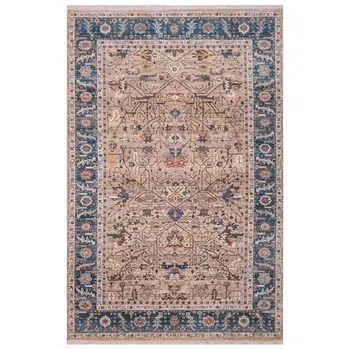 4' X 5' Teal Brown And Beige Oriental Area Rug With Fringe