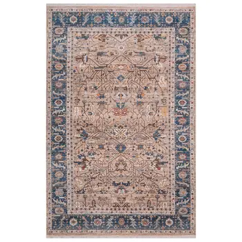 4' X 5' Teal Brown And Beige Oriental Area Rug With Fringe