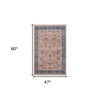 4' X 5' Teal Brown And Beige Oriental Area Rug With Fringe