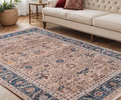 5' X 8' Teal Brown And Beige Oriental Area Rug With Fringe