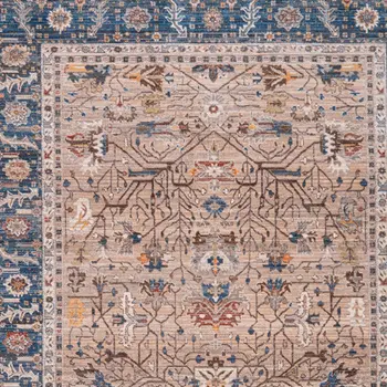 7' X 10' Teal Brown And Beige Oriental Area Rug With Fringe
