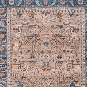 9' X 13' Teal Brown And Beige Oriental Area Rug With Fringe