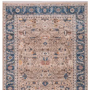 9' X 13' Teal Brown And Beige Oriental Area Rug With Fringe