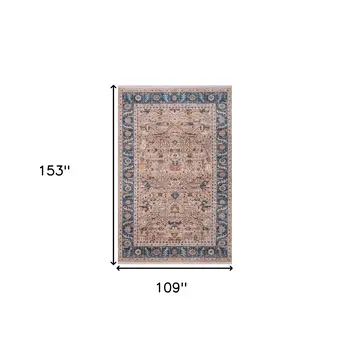 9' X 13' Teal Brown And Beige Oriental Area Rug With Fringe