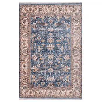 4' X 5' Navy Blue Beige And Brown Oriental Area Rug With Fringe