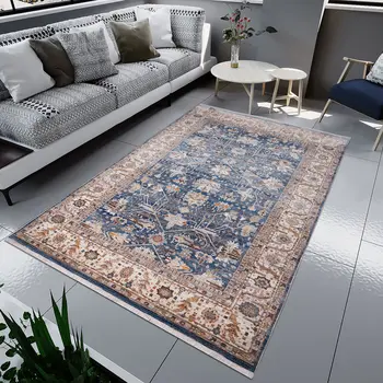 4' X 5' Navy Blue Beige And Brown Oriental Area Rug With Fringe