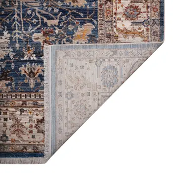 4' X 5' Navy Blue Beige And Brown Oriental Area Rug With Fringe