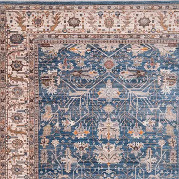 4' X 5' Navy Blue Beige And Brown Oriental Area Rug With Fringe