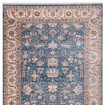 4' X 5' Navy Blue Beige And Brown Oriental Area Rug With Fringe